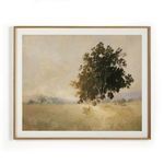Landscape painting depicting trees in a misty Texas Hill Country field with soft, warm light and muted tones