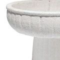 Close-up of rough, thick textured plaster surface on white ceramic pedestal bowl