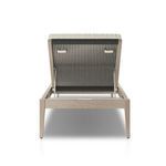 Rear view of Sherwood chaise lounge showing black woven support straps beneath cream boucle backrest