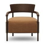 Bennett Chair with amber brown oak frame, gently turned dowel legs, ochre linen blend thick cushion seating