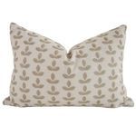 Rectangular taupe pillow with same white leaf embroidery and linen-like texture