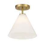 Semi-flush mount view showing bottom of warm brass rod and smooth white conical glass shade
