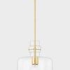 Lumi Pendant shown from front with exposed filament bulb hanging on brass rod against light background