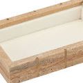 Open box with lid raised, showing clean white interior and exterior stacked texture with brass strips