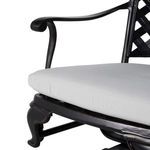 Close-up of armrest curve and edge of white seat cushion