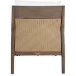 Rear view highlighting wood frame with full raffia woven back panel and chair legs