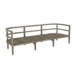 Curved back view of Santa Barbara Teak Sofa with full white cushions on natural wood frame