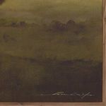 Close-up showing signature and textured paint surface in dark muted landscape
