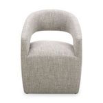Barrow Rolling Dining Chair with curved open back, boucle upholstery, and square cushioned base in light neutral color