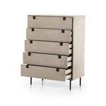 angled side view with several drawers fully open displaying inner slide hardware and drawer interiors