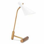 Spyder Task Lamp with white metal shade and brass-toned metal kickstand base in modern table lamp design