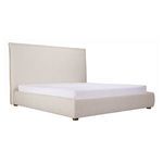 Angled view of bed with mattress, showing fabric texture and rounded edges