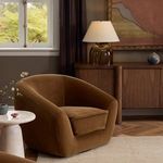 Asa Table Lamp styled on wooden console table in modern room setting with brown velvet chair and wall art