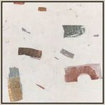 Abstract painting 'Curiosity Empire' with textured shapes in earthy brown, green, and gray tones on a minimalist light bac...
