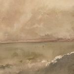 Zoomed-in section focusing on the hazy horizon and cloud details of the muted seascape painting