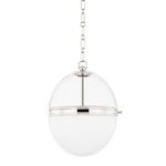 Donnell 1-Light Small Polished Nickel Pendant with clear glass dome atop opal glossy glass, separated by polished nickel band