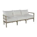 Santa Barbara Teak Sofa with white cushions angled to show seat depth and armrest design