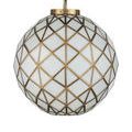 Polyhedron Pendant with matte white glass and geometric brass lines on clean white background
