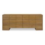 Gia 6-drawer dresser in mid-tone brown oak wood with uniform drawer blocks and subtle geometric design