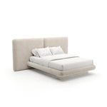 Overlap Upholstered 2 Panel Queen Bed in ivory vintage velvet with squared headboard and curved rounded base on travertine...