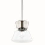 Elodie pendant viewed from slightly lower angle emphasizing light bronze upper glass shade and clear conical lower shade