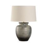 Shadow Glaze Table Lamp angled to highlight belly shape and horizontal glaze lines on ceramic base