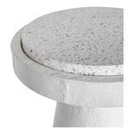 Close-up of flecked terrazzo tabletop and textured cement rim beneath