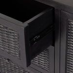 Soft-close drawer partially extended revealing smooth black wood interior and metal sliding tracks.