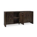 Buffet seen with one door open exposing interior adjustable shelf and storage space