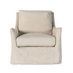 Front view emphasizing floor-length slipcover and seat cushion on natural linen chair