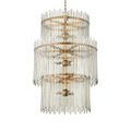Three-quarter perspective focusing on the layering of glass bars arranged on three concentric antique brass rings