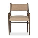 Front view showing width of beige fabric seat and backrest on wooden frame