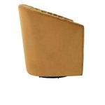 Side profile showing smooth bronze fabric and curved armrest of swivel accent chair