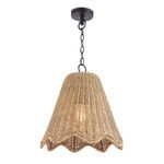 Small summer outdoor pendant light with woven rattan shade in wavelike scalloped edge pattern