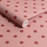 Rolled wallpaper showing Button Spot Pink & Red polka dot pattern on blush pink background