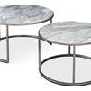 Side angle with tables separated, displaying open iron base and round marble surfaces