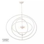 White Sail Chandelier with concentric circular metal rings and four central exposed bulbs, hanging from chain
