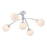 Top angle showing polished chrome finish and symmetrical curve of arms holding white glass orbs
