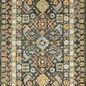 wool rug with whimsical floral motifs in muted blue, yellow, orange, and cream tones with braided tassels
