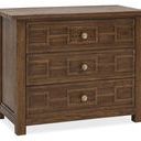 Bachelor's chest with Worn Saddle finish, three geometric patterned drawers with round brass knobs