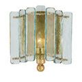 Multiple vertical panes of recycled glass framed in gold leaf wrought iron on wall sconce