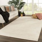 Rug styled in modern living room with sofa, pillows, and plants on dark hardwood floor