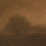 Extreme close-up on textured canvas showing soft blended brushstrokes of brown cloudscape