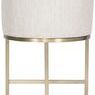 Back view of Charley Barrel Base Stool showing full coverage of curved cream fabric upholstery over brass base