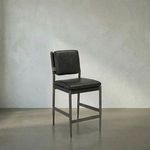 Ebony black leather stool with padded seat and backrest, Steel Gray powder-coated steel frame with footrest