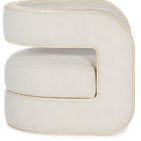 Side view highlighting smooth curved lines and burlap trim along entire armrest and base