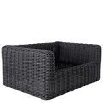 Chair frame without cushions revealing woven dark base and armrests