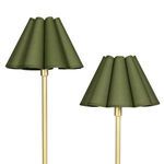 Side view showing the two different height green scalloped shades on brass rods