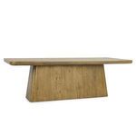 Oak wood dining table with light brown finish, bold trapezoidal pedestal base, and visible wood grain pattern