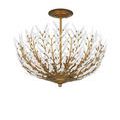 Ceiling light with visible gold metal rod connecting canopy to bowl of white glass leaves